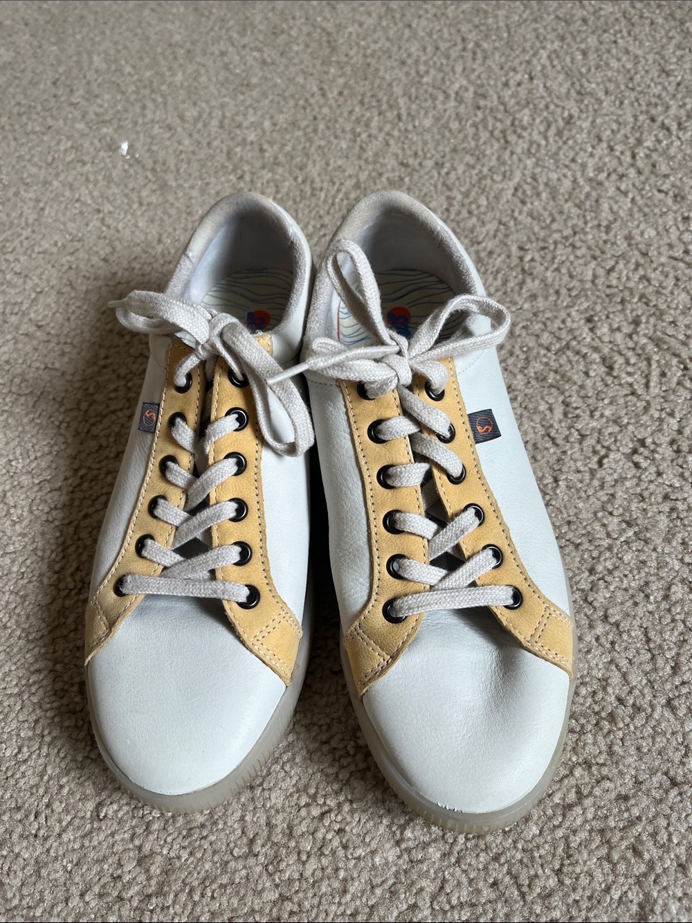 Softino by Fly London White and Yellow Leather Lace-Up Sneakers